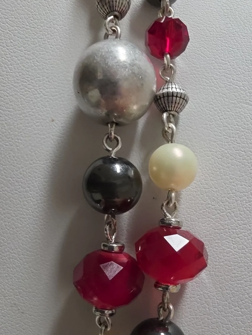 Vintage Premier Designs Station Necklace Hematite Red Glass Faux Pearl Silver